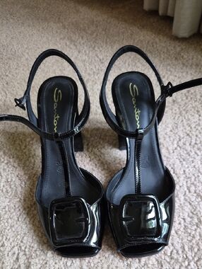 Santoni Patent 85MM Leather T-Strap Sandals Black Size 38 US 8 New